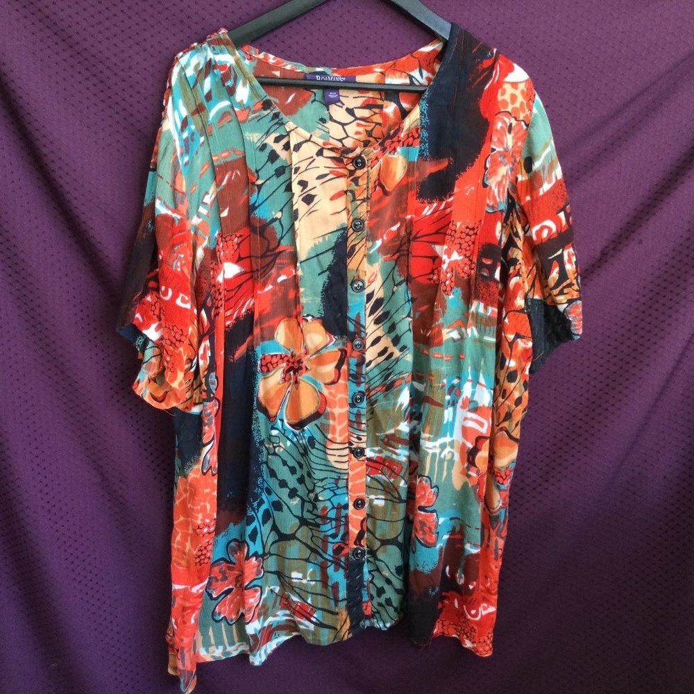Roaman’s 16W Tropical Vacation Short Sleeve Button Up Top Tunic